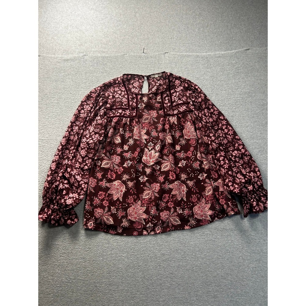 Womens Burgundy Floral Blouse Long‎ Sleeve Velvet Trim Boho Top Large Maurices